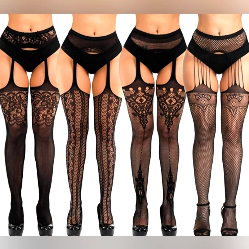 Fishnet thigh high stockings Garter belt babydoll lingerie 4 piece set